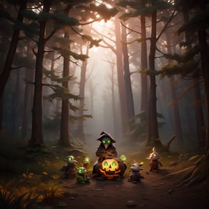 "death prophet" from Dota2 surrounded by her ghosts, glowing green eyes, full body shot, cinematic lighting, gloomy mood, horror,plague doctor,horror,Jack o 'Lantern, jack-o'-lantern monster, little elves with jack-o'-lantern heads, clash of clash, heterochromia