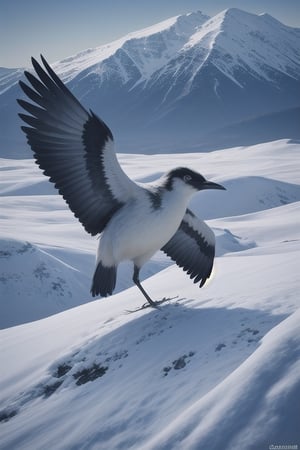 Humanoide, hombre disfrazado de pájaro, Hombre pájaro aterrador de plumaje blanco y pelo blanco con largo pico fotorrealista y extremadamente realista de pie en un paisaje nevado,<lora:659111690174031528:1.0>