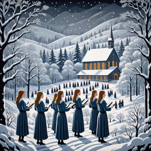 Artistic style of Gerd Arntz, girls in a snowy landscape singing in a choir, snowy and Christmas landscape.,Leonardo Style