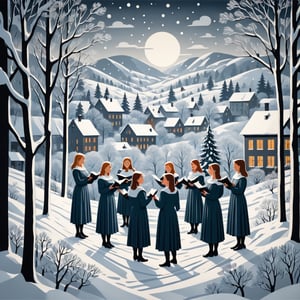 Artistic style of Gerd Arntz, girls in a snowy landscape singing in a choir, snowy and Christmas landscape.