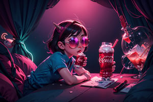 Unicorn with sunglasses drinking coke, COCA-COLA, drink, drinking coke, realistic, photorealistic, cinematic, Magical Fantasy style, Magical Fantasy style, neon photography style,3DMM