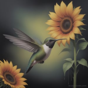 Create an elegant and captivating portrait of a wonderful hummingbird sniffing a sunflower. Use vibrant light and shadow to highlight complex details and jagged edges. Let the dark black and gold textured background accentuate the painting, combining modern styles with neon green and yellow paints, give a touch of pen painting, watercolor and oil techniques. Embrace negative space with captivating brushstrokes and stencil art, evoking beauty and allure.,<lora:659095807385103906:1.0>