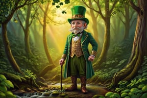 1 person only
facial features of an old man, elderly person, grandfather's face
detailed facial features, great detail on the face
dwarf, pixie, very short man
(((standing, full body, Leprechaun, Irish leprechaun, forest spirit, humanoid, small man, green suit, green top hat)))
Imagine a mystical and enchanted landscape where emerald green and gold colors intertwine in a dance of light and shadow. In the center of the scene, an ancient forest emerges, its trees seem to whisper ancient secrets while the leaves dance to the rhythm of the wind. High in the sky, a resplendent rainbow curves majestically, revealing a legendary treasure that awaits those with brave hearts. In the clearing of this magical forest, an enigmatic figure appears: a leprechaun, guardian of fortune and bearer of the Celtic essence. The fae's gaze shines with ancient wisdom, inviting viewers to enter a realm of wonder and adventure. What hidden secrets and lost treasures await in this dream world inspired by the magic of St. Patrick and rich Celtic tradition?,SaintP,,asmongold,gothic art, oil painting,shards,druidic,Movie Still