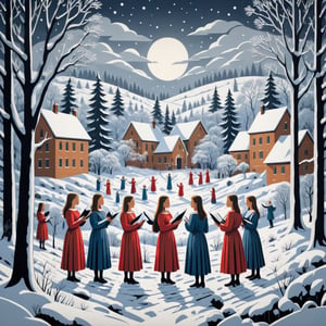 Artistic style of Gerd Arntz, girls in a snowy landscape singing in a choir, snowy and Christmas landscape.,Leonardo Style