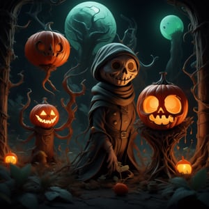 "death prophet" from Dota2 surrounded by her ghosts, glowing green eyes, full body shot, cinematic lighting, gloomy mood, horror,plague doctor,horror,Jack o 'Lantern, jack-o'-lantern monster, little elves with jack-o'-lantern heads, clash of clash, heterochromia,EpicArt,AGE REGRESSION,DonMG414, spooky forest background with old wood