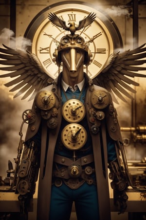 Generates an image of a majestic Steampunk-style robot eagle. Its body is meticulously constructed using intricate clockwork mechanisms, with gears and bronze parts forming its structure. Its rusted metal wings spread elegantly, displaying details of rivets and steam pipes. His eyes shine with an intense golden light, while his beak is adorned with brass ornaments. The eagle stands in an imposing pose, as if it is about to take flight into the steamy skies of a Steampunk city