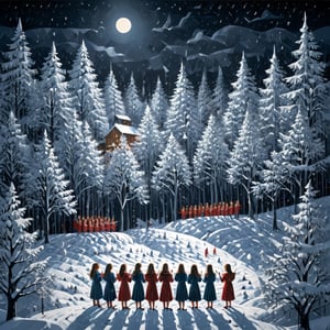 Artistic style of Gerd Arntz, girls in a snowy landscape singing in a choir, snowy and Christmas landscape.,Leonardo Style,ral-chrcrts