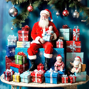 Santa Claus with a small child on his knee, surrounded by gifts of various colors, Christmas atmosphere

Art style by Kate Baylay,christmas_ornament