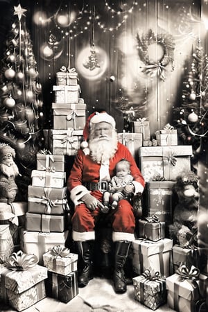 black and white photography.
High quality in the face, HD, extremely high quality in the face
Santa Claus with a small child on his knee, surrounded by gifts of various colors, Christmas atmosphere

Art style by Kate Baylay,photorealistic