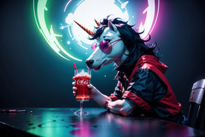 Unicorn with sunglasses drinking coke, COCA-COLA, drink, drinking coke, realistic, photorealistic, cinematic, Magical Fantasy style, Magical Fantasy style, neon photography style,3DMM,perfect