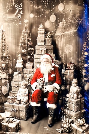 black and white photography.
Santa Claus with a small child on his knee, surrounded by gifts of various colors, Christmas atmosphere

Art style by Kate Baylay,