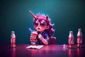 Unicorn with sunglasses drinking coke, COCA-COLA, drink, drinking coke, realistic, photorealistic, cinematic, Magical Fantasy style, Magical Fantasy style, neon photography style,3DMM