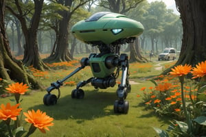  Spider Tank in a green meadow, , surrounded by nature, high detail in the face, bright orange flowers, sunny day, surrounded by small forest animals, high quality, great detail, enveloping atmosphere,AIDA_LoRA_yulzy,fantasy00d,fantai12,DonMG414 ,eggmantech,horror,hackedtech,full body, perfect hands,FFIXBG,wrench_elven_arch,outdoors,Beauty,ai ohto,1 girl,gigantic_breast,non-humanoid robot