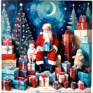 Santa Claus with a small child on his knee, surrounded by gifts of various colors, Christmas atmosphere

Art style by Kate Baylay,