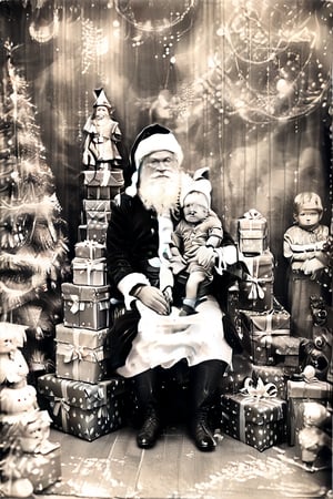 black and white photography.
Santa Claus with a small child on his knee, surrounded by gifts of various colors, Christmas atmosphere

Art style by Kate Baylay,