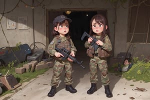 assault rifle, holding a rifle, soldier clothing,
Iran, Afghanistan
fire, war crimes, apocalypse, war crimes, terrorism, terrorist, destroyed car

  assault rifle, firearm
Debris, destruction, ruined city, death and destruction.
​
2 girls
Angry, angry look, disgust
child, child focusloli focus, a girl dressed as a soldier, surrounded by war destruction, cloudy day, high quality, high detail, immersive atmosphere, fantai12,DonMG414, horror,full body,full_gear_soldier,full gear,soldier