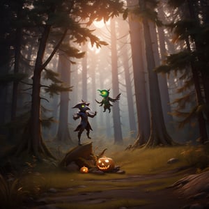 "death prophet" from Dota2 surrounded by her ghosts, glowing green eyes, full body shot, cinematic lighting, gloomy mood, horror,plague doctor,horror,Jack o 'Lantern, jack-o'-lantern monster, little elves with jack-o'-lantern heads, clash of clash, heterochromia,DonMF41ryW1ng5,LatexConcept