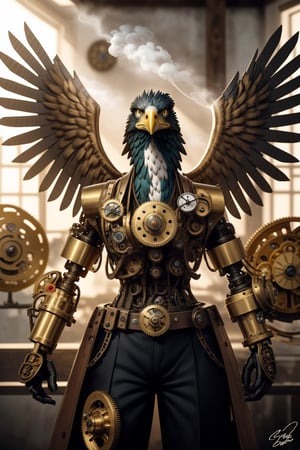 Generates an image of a majestic Steampunk-style robot eagle. Its body is meticulously constructed using intricate clockwork mechanisms, with gears and bronze parts forming its structure. Its rusted metal wings spread elegantly, displaying details of rivets and steam pipes. His eyes shine with an intense golden light, while his beak is adorned with brass ornaments. The eagle stands in an imposing pose, as if it is about to take flight into the steamy skies of a Steampunk city