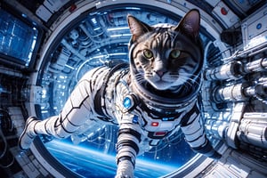 cat in astronaut suit, realistic, high quality, on a space base, bing_astronaut,bing_astronaut