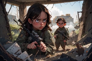 on the outside
assault rifle, holding a rifle, soldier clothing,
Iran, Afghanistan
fire, war crimes, apocalypse, war crimes, terrorism, terrorist, destroyed car

  assault rifle, firearm
Debris, destruction, ruined city, death and destruction.
​
2 girls
Angry, angry look, 
child, child focusloli focus, a girl dressed as a soldier, surrounded by war destruction, cloudy day, high quality, high detail, immersive atmosphere, fantai12,DonMG414, horror,full body,full_gear_soldier,full gear,soldier,r1ge,xxmixgirl, ,realistic,ink ,Pixel art,REALISTIC,