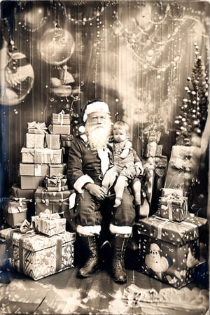 black and white photography.
Santa Claus with a small child on his knee, surrounded by gifts of various colors, Christmas atmosphere

Art style by Kate Baylay,