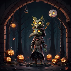 "death prophet" from Dota2 surrounded by her ghosts, glowing green eyes, full body shot, cinematic lighting, gloomy mood, horror,plague doctor,horror,Jack o 'Lantern, jack-o'-lantern monster, little elves with jack-o'-lantern heads, clash of clash, heterochromia,EpicArt