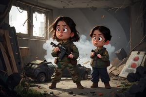 on the outside
assault rifle, holding a rifle, soldier clothing,
Iran, Afghanistan
fire, war crimes, apocalypse, war crimes, terrorism, terrorist, destroyed car

  assault rifle, firearm
Debris, destruction, ruined city, death and destruction.
​
2 girls
Angry, angry look, 
child, child focusloli focus, a girl dressed as a soldier, surrounded by war destruction, cloudy day, high quality, high detail, immersive atmosphere, fantai12,DonMG414, horror,full body,full_gear_soldier,full gear,soldier,r1ge,xxmixgirl, ,realistic,ink ,Pixel art,REALISTIC,disney pixar style,RPG
