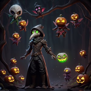 "death prophet" from Dota2 surrounded by her ghosts, glowing green eyes, full body shot, cinematic lighting, gloomy mood, horror,plague doctor,horror,Jack o 'Lantern, jack-o'-lantern monster, little elves with jack-o'-lantern heads