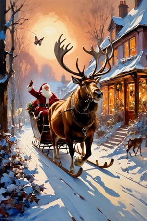 Christmas scene, a flying sleigh pulled by reindeer, magical scene, Santa Claus


Paul Hedley's artistic style in burnt umber and rose tones,

,BJ_Blue_butterfly