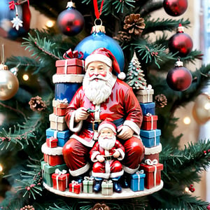 Santa Claus with a small child on his knee, surrounded by gifts of various colors, Christmas atmosphere

Art style by Kate Baylay,christmas_ornament
