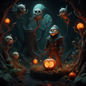 "death prophet" from Dota2 surrounded by her ghosts, glowing green eyes, full body shot, cinematic lighting, gloomy mood, horror,plague doctor,horror,Jack o 'Lantern, jack-o'-lantern monster, little elves with jack-o'-lantern heads, clash of clash, heterochromia,EpicArt,AGE REGRESSION,DonMG414, spooky forest background with old wood