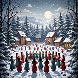 Artistic style of Gerd Arntz, girls in a snowy landscape singing in a choir, snowy and Christmas landscape.,Leonardo Style,ral-chrcrts