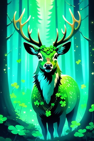 A deer with antlers full of four-leaf clovers in a green forest full of four-leaf clovers, magical forest, magical lighting, high quality, dreamlike atmosphere,Eagle ,cyberpunk style