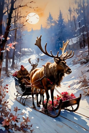 Christmas scene, a flying sleigh pulled by reindeer, magical scene,

Paul Hedley's artistic style in burnt umber and rose tones,

,BJ_Blue_butterfly