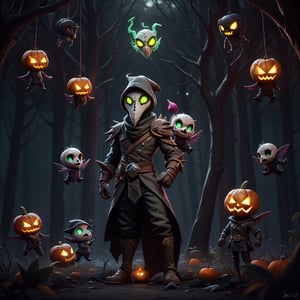 "death prophet" from Dota2 surrounded by her ghosts, glowing green eyes, full body shot, cinematic lighting, gloomy mood, horror,plague doctor,horror,Jack o 'Lantern, jack-o'-lantern monster, little elves with jack-o'-lantern heads