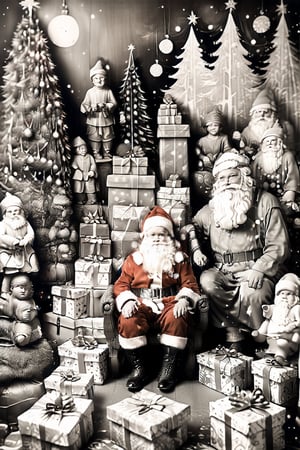 black and white photography.
High quality in the face, HD, extremely high quality in the face
Santa Claus with a small child on his knee, surrounded by gifts of various colors, Christmas atmosphere

Art style by Kate Baylay,photorealistic,kids,chibi