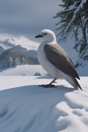 Humanoide, hombre disfrazado de pájaro, Hombre pájaro aterrador de plumaje blanco y pelo blanco con largo pico fotorrealista y extremadamente realista de pie en un paisaje nevado,<lora:659111690174031528:1.0>