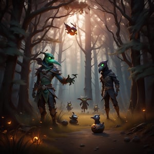"death prophet" from Dota2 surrounded by her ghosts, glowing green eyes, full body shot, cinematic lighting, gloomy mood, horror,plague doctor,horror,Jack o 'Lantern, jack-o'-lantern monster, little elves with jack-o'-lantern heads, clash of clash, heterochromia,DonMF41ryW1ng5