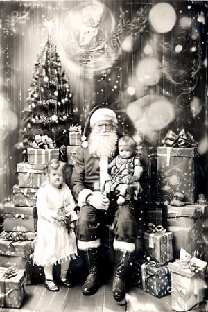 black and white photography.
High quality in the face, HD, extremely high quality in the face
Santa Claus with a small child on his knee, surrounded by gifts of various colors, Christmas atmosphere

Art style by Kate Baylay,