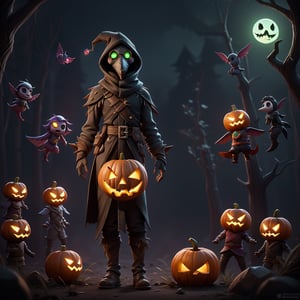 "death prophet" from Dota2 surrounded by her ghosts, glowing green eyes, full body shot, cinematic lighting, gloomy mood, horror,plague doctor,horror,Jack o 'Lantern, jack-o'-lantern monster, little elves with jack-o'-lantern heads