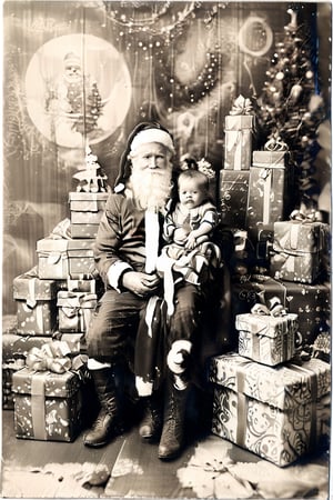 black and white photography.
Santa Claus with a small child on his knee, surrounded by gifts of various colors, Christmas atmosphere

Art style by Kate Baylay,