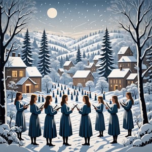 Artistic style of Gerd Arntz, girls in a snowy landscape singing in a choir, snowy and Christmas landscape.,Leonardo Style