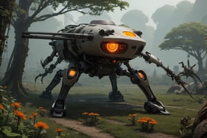 Spider Tank in a green meadow, , surrounded by nature, high detail in the face, bright orange flowers, sunny day, surrounded by small forest animals, high quality, great detail, enveloping atmosphere,AIDA_LoRA_yulzy,fantasy00d,fantai12,DonMG414 ,eggmantech,horror,hackedtech,full body, perfect hands,FFIXBG,wrench_elven_arch,outdoors,Beauty,ai ohto,1 girl,gigantic_breast,non-humanoid robot,  with futuristic suit