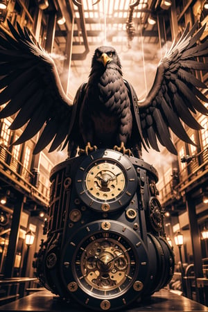 Generates an image of a majestic Steampunk-style robot eagle. Its body is meticulously constructed using intricate clockwork mechanisms, with gears and bronze parts forming its structure. Its rusted metal wings spread elegantly, displaying details of rivets and steam pipes. His eyes shine with an intense golden light, while his beak is adorned with brass ornaments. The eagle stands in an imposing pose, as if it is about to take flight into the steamy skies of a Steampunk city