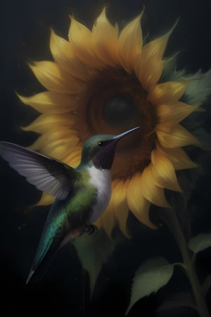 Create an elegant and captivating portrait of a wonderful hummingbird sniffing a sunflower. Use vibrant light and shadow to highlight complex details and jagged edges. Let the dark black and gold textured background accentuate the painting, combining modern styles with neon green and yellow paints, give a touch of pen painting, watercolor and oil techniques. Embrace negative space with captivating brushstrokes and stencil art, evoking beauty and allure.,Digital painting ,<lora:659095807385103906:1.0>