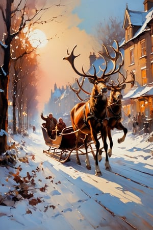 Christmas scene, a flying sleigh pulled by reindeer, magical scene,

Paul Hedley's artistic style in burnt umber and rose tones,

,BJ_Blue_butterfly