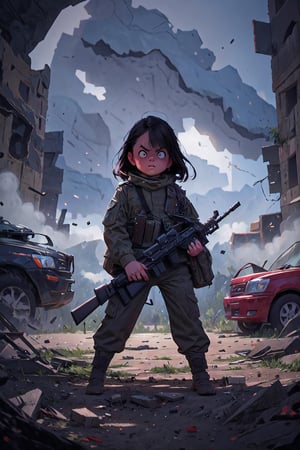 on the outside
pupils
assault rifle, holding a rifle, soldier clothing,
Iran, Afghanistan
fire, war crimes, apocalypse, war crimes, terrorism, terrorist, destroyed car

  assault rifle, firearm
Debris, destruction, ruined city, death and destruction.
​
2 girls
Angry, angry look, 
child, child focusloli focus, a girl dressed as a soldier, surrounded by war destruction, cloudy day, high quality, high detail, immersive atmosphere, fantai12,DonMG414, horror,full body,full_gear_soldier,full gear,soldier,r1ge