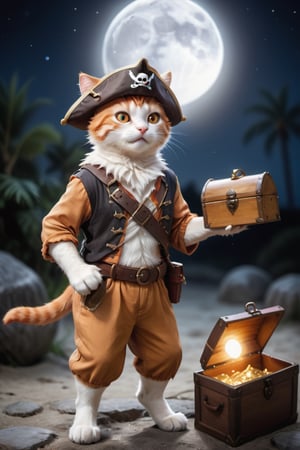 A cute orange cat wearing a brown pirate jumpsuit and a straw hat, the orange cat opens a treasure chest in the moonlight, the treasure shines, high quality photography, 3 point lighting, flash with softbox, 4k, Canon EOS R3 , hdr, smooth, sharp focus, high resolution, award-winning photo, 80mm, f2.8, bokeh