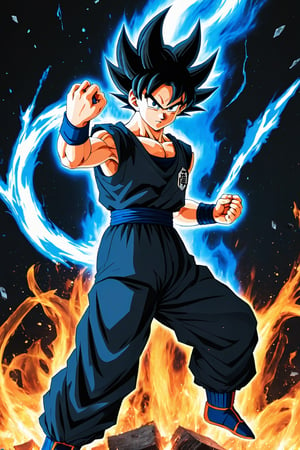 ((masterpiece, best quality)),(complex light),absurdres, highres, 1boy,solo,fighting stance, goku black,black hair,black eyes,blue fire destroyed debris background,smirk