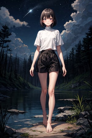 illustration, 1girl, solo, slim, black hair, bob cut, bangs, white shirt, short sleeves, turtleneck, black sweat shorts, bare feet, standing, [lake | forest], night, nighttime, night sky, clouds, eye level shot